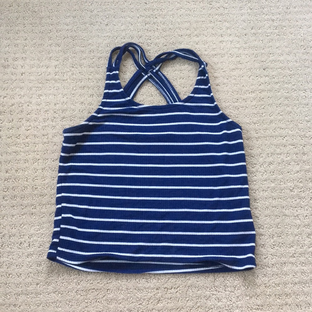 navy blue halter top; crossed in the back